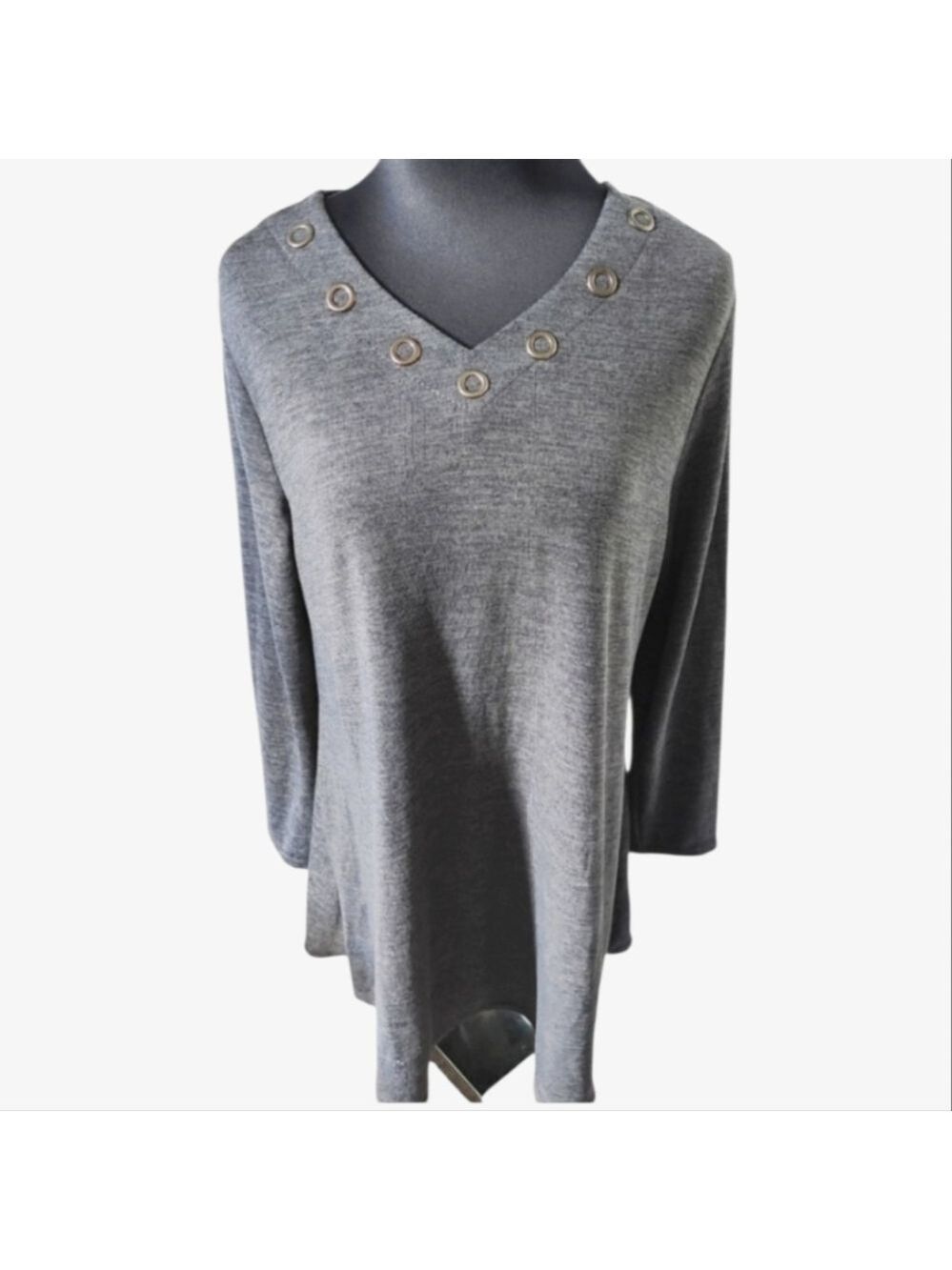 DOMANI Cotton Blend Tunic Top V Neck 3/4 Sleeve Grey Size XL NWT